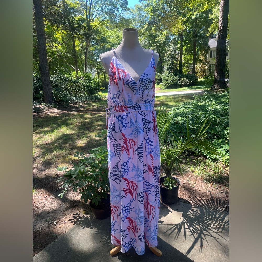 Loft NWT Maxi Dress, Double Fish Print, Spaghetti Straps, XL, Red + Blue - Picture 6 of 15